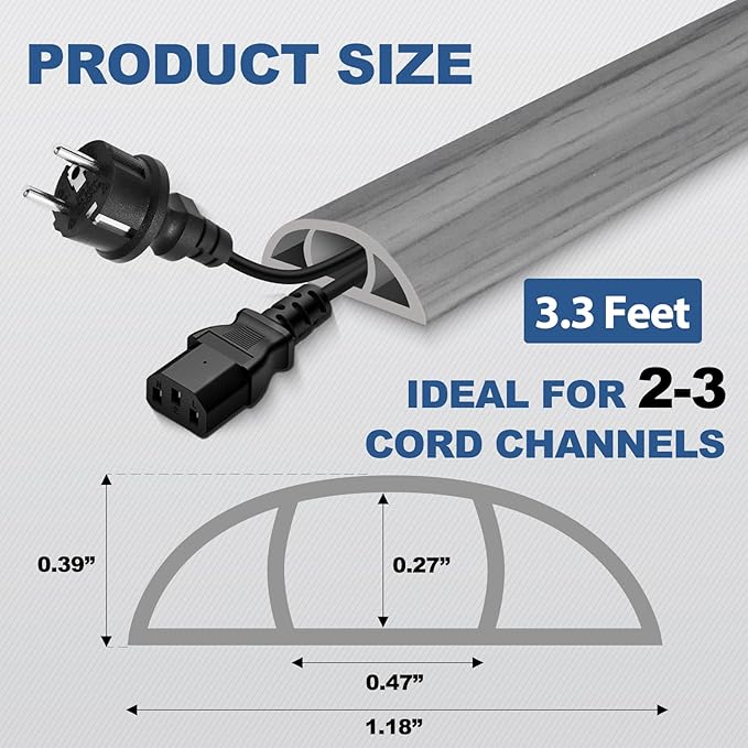 Floor Cord Cover for Wires on Floor Self Adhesive Cord Hider Floor Cable Management Wire Covers for Cords Protector Prevent Cable Trips Cord Cavity W 0.47" x H 0.27", Gray Wood, 3.3Ft
