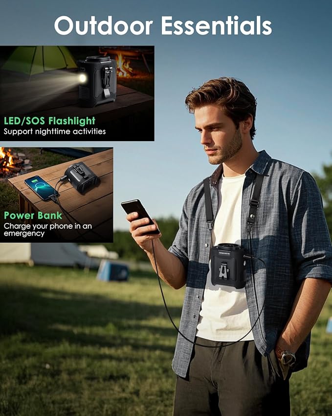 Portable Waist Fan Clip on, Personal Wearable Belt Fan 10000mAh Rechargeable Battery Under Shirt,5 Speeds with light, Neck Fan Hands-Free Cooling For Outdoor Camping Travel (Black)