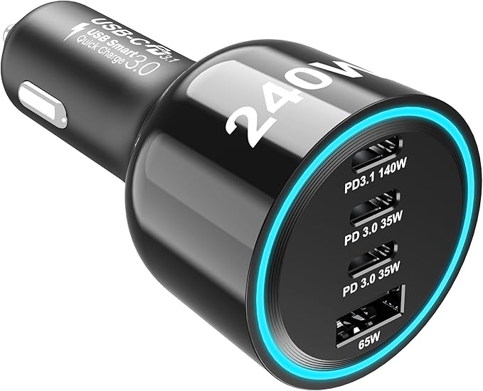 URVNS 240W USB C Car Charger, Super Fast Charging 4-Ports PD3.1 140W/PD3.0 100W PPS 45W QC65W Type-C Car Adapter for MacBook Pro Laptop iPhone 16 15 Max iPad Samsung Galaxy S24/23 Pixel etc