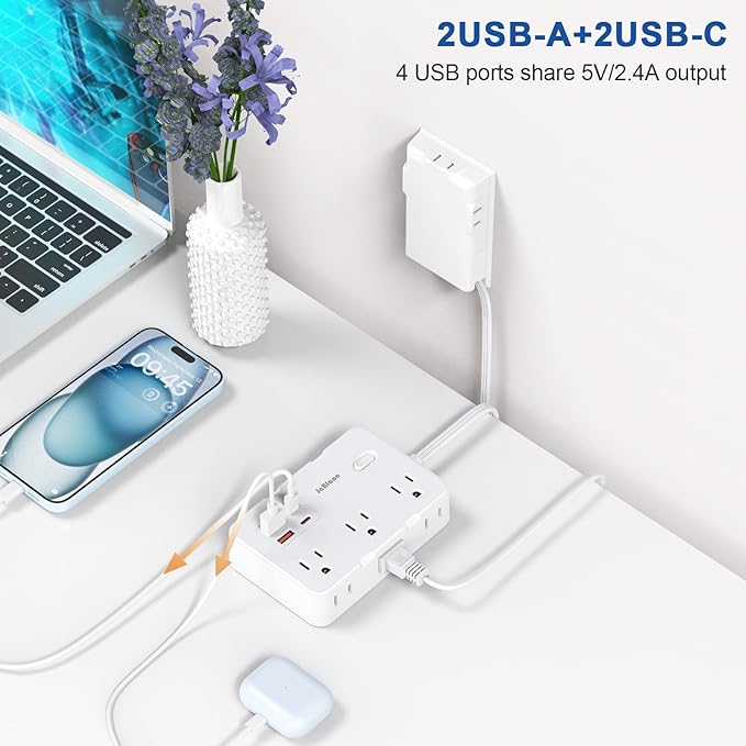 Power Strip Surge Protector with Outlet Cover, 6 AC Outlets Surge Protection, 4 USB Ports, 5ft Extension Cord, Wall Mount Flat Plug for Indoor Home Office Kitchen, White
