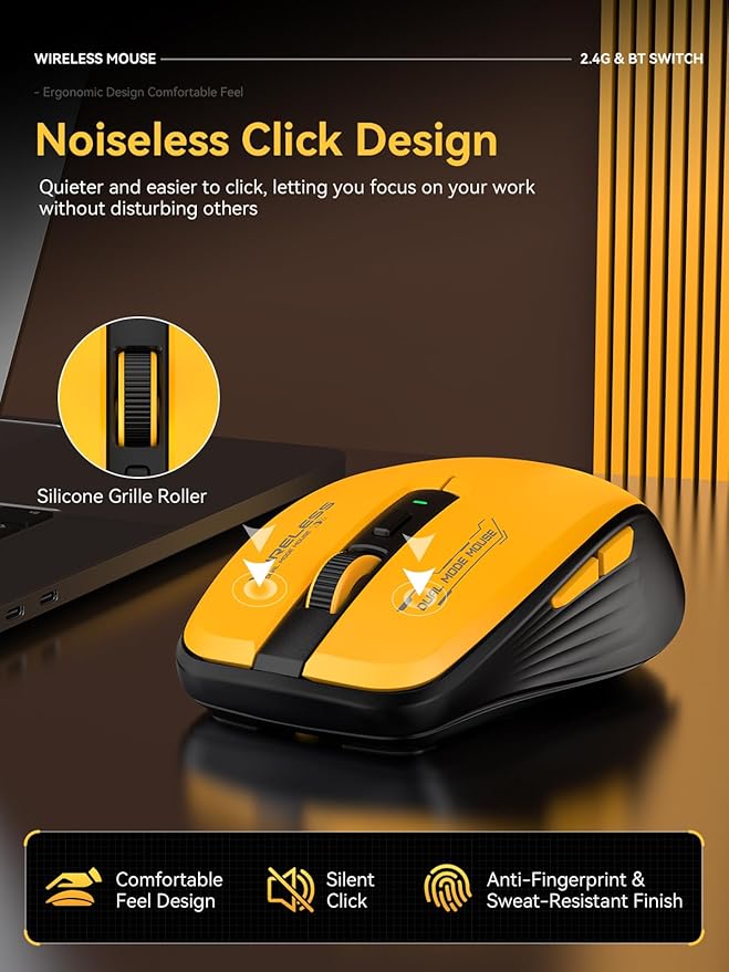Wireless Mouse (Bluetooth & 2.4GHz USB) with Forward/Backward Side Keys, Silent Click, Ergonomic Portable AA Battery Mice for Laptop/Mac/iPad - Office & Travel Use, Yellow & Black