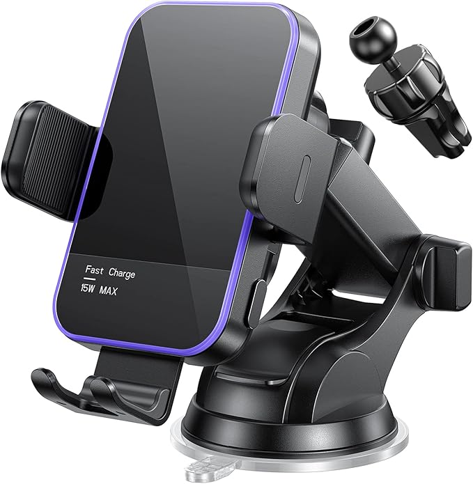 Wireless Car Charger,【7 Colored RGB Backlit】 Mosurr 15W Auto Clamping Phone Holders for Your car fit for iPhone 16 15 14 Mini Pro Max, Samsung Galaxy S25 Ultra S24 S23+, etc, Fathers Day for Gifts