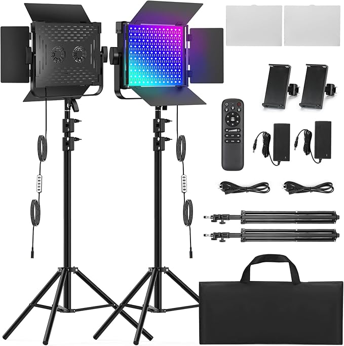 2-Pack RGB Photography Lighting Kit, 50W Bi-Color Professional LED Studio Lights, 2300k~8500k Dimmable Photo Lights for Photography Filming Camera Video Recording Stage Shooting Streaming TikTok