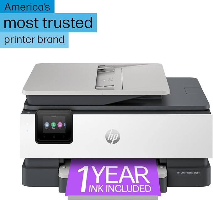 HP OfficeJet Pro 8139e Wireless All-in-One Color Inkjet Printer, Print, scan, Copy, fax, ADF, Duplex Printing Best-for-Home Office, 1 Year Instant Ink Trial Included