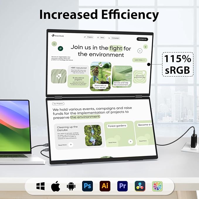InnoView 18.5" 100Hz Dual Portable Monitor Built-in Speakers 115% sRGB 315°Adjustable Dual Stacked Folding Monitor (Wins/Mac) 1080P Laptop Screen Extender for Laptop(No Driver Needed)
