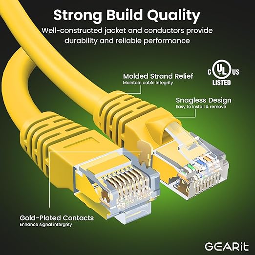 GearIT Cat 6 Ethernet Cable (24-Pack 2 Feet) Cat6 Network Patch, 10Gbps, RJ45, Snagless Cord, Gold-Plated Connectors, Internet for PC, TV, Tablet, Router, Printer, Servers, IT Data Center - Yellow