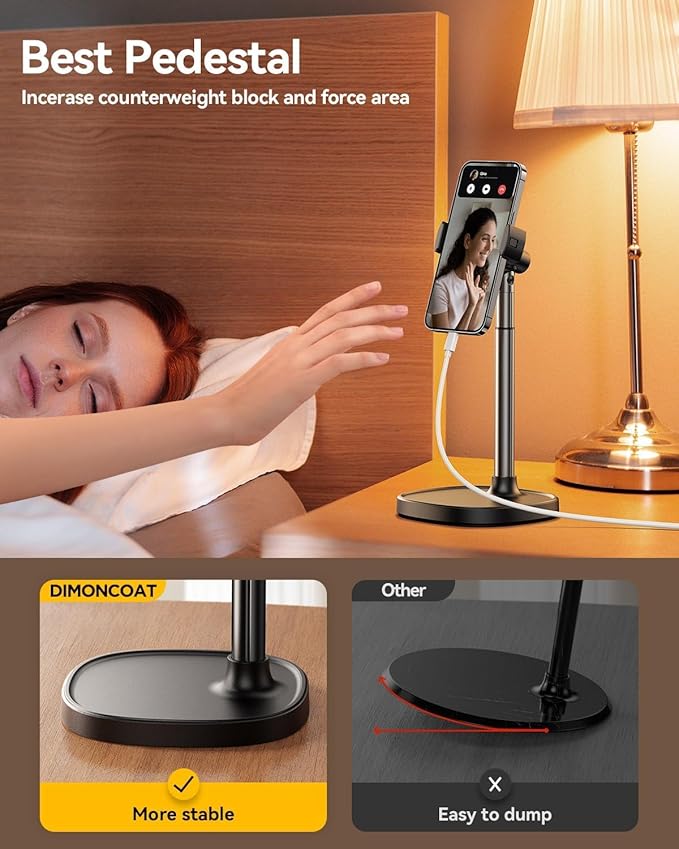 DIMONCOAT Phone Stand for Desk, Angle Height Adjustable Phone Holder for Desk, Aluminum Alloy Universal iPhone Holder, Retractable Cell Phone Stand Recording Office for iPhone 16 15 Pro Max Plus