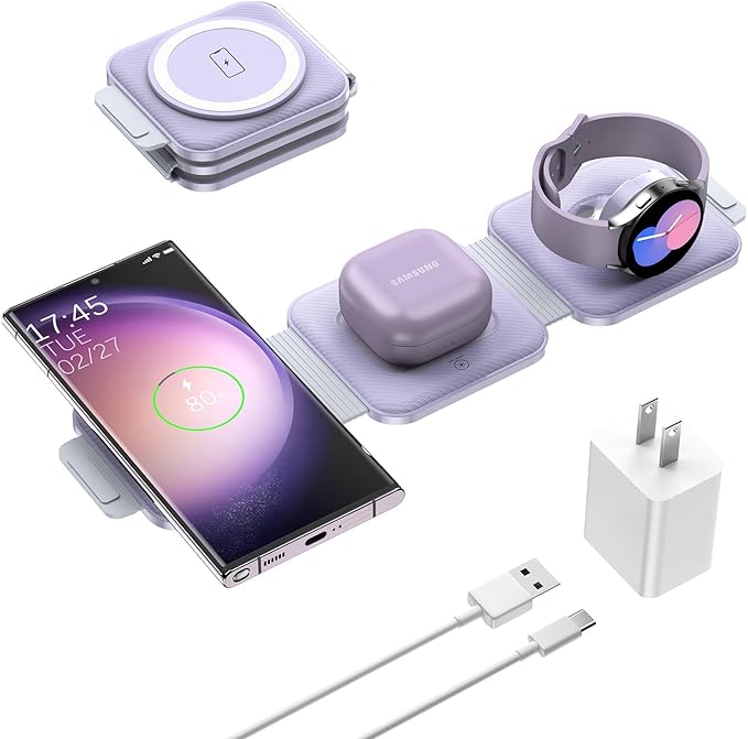 Travel Charger for Samsung Multi Devices, Foldable 3 in 1 Wireless Charging Station Fast Charging Stand/Pad Compatible for Samsung Galaxy S25/S24/S23/S22/S21/Note20 Galaxy Watch8/7/6/5/4/Galaxy Buds4