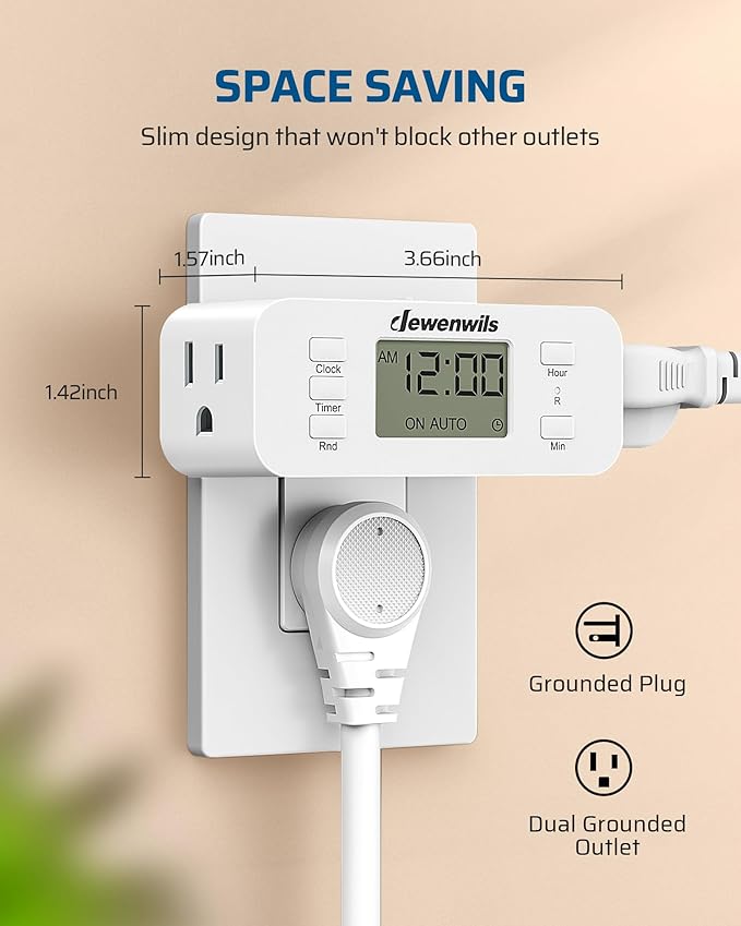 DEWENWILS 24 Hour Programmable Digital Timer Outlet, Timers for Electrical Outlets, Indoor Light Timers for Lamp Fan Aquarium, 2 Grounded Outlet, 125V/15A Resistive/1000W Tungsten, 3 Prong, 1 Pack