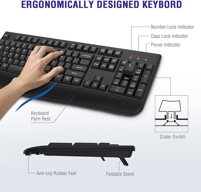 Wireless Keyboard, 2.4G Full-Sized Ergonomic Wireless Computer Keyboard with Wrist Rest for Windows, Mac OS Laptop/PC/Desktop/Notebook(Black)