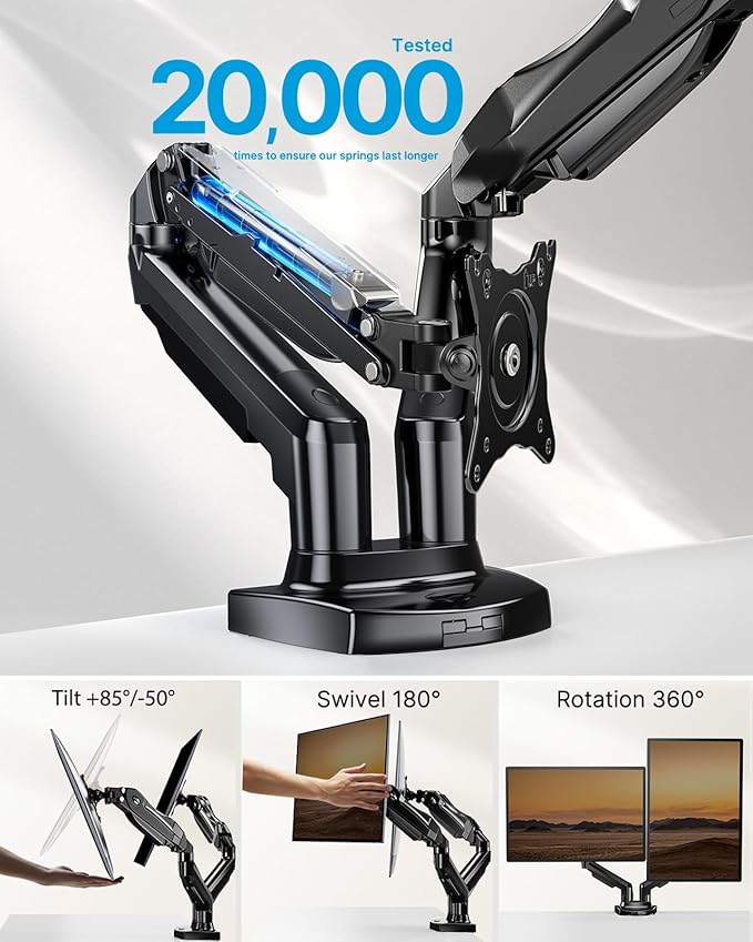 HUANUO Dual Monitor Stand - Full Adjustable Monitor Desk Mount Swivel Vesa Bracket with C Clamp, Grommet Mounting Base for 13 to 32 Inch Computer Screens - Each Arm Holds 4.4 to 19.8lbs