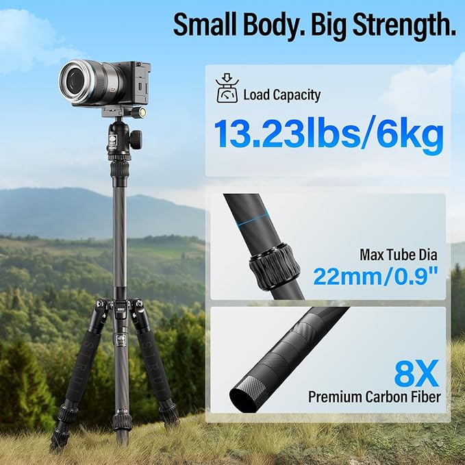 SIRUI Lightweight Carbon Fiber Travel Tripod, 6kg Load Capacity Compact Camera Support with Carry Bag, Portable for DSLR Mirrorless Cameras, Max Height 54" for Hiking Vacation Vlogging