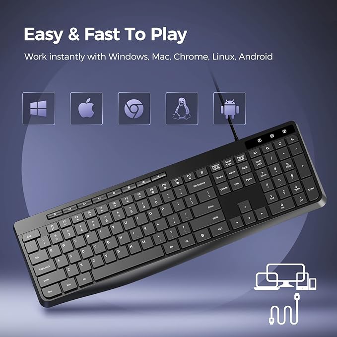 Wired Keyboard,Quiet Keyboard,Multimedia Usb Computer Keyboard,Silent Keyboardwith Low Profile Chiclet Keys,Large Number Pad,Spill-Resistant,Anti-Wear Letters,Full Size Keyboardfor Laptop,Desktop