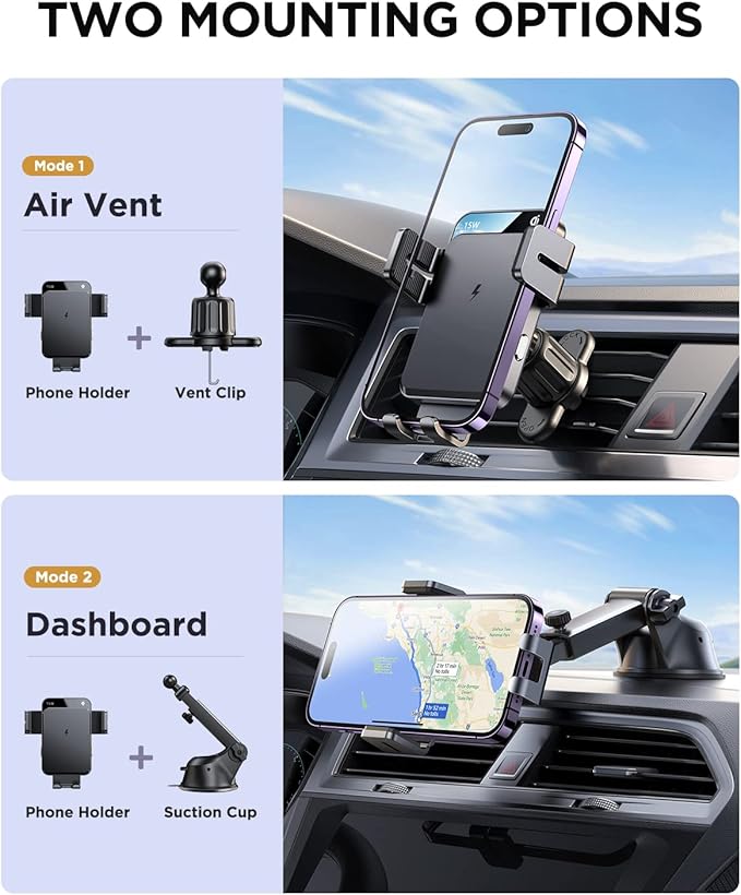 JOYROOM Wireless Car Charger,15W Qi Fast Charging Car Charger Phone Holder Mount, Auto-Clamping Alignment Windshield Dashboard Air Vent Cell Phone Holder for iPhone 16 Pro Max/15 Pro,Samsung S24/S23
