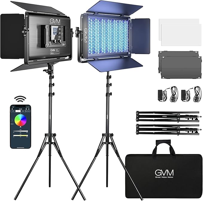 GVM 1500D RGB LED Video Light, 75W Video Lighting Kit with Bluetooth Control, 2 Packs Led Panel Light for Photography, YouTube Studio, Video Shooting, Conference, 1128 Led Beads