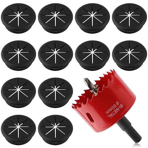 2-3/8IN(60mm) Desk Grommet, 13 Pieces Wire Grommet, Desk Hole Cover for Cables with Hole Saw,Plastic Cable Cord Wire Hole Cover for Desk, Table,Cabinet,Countertop and Other Furniture(Black)