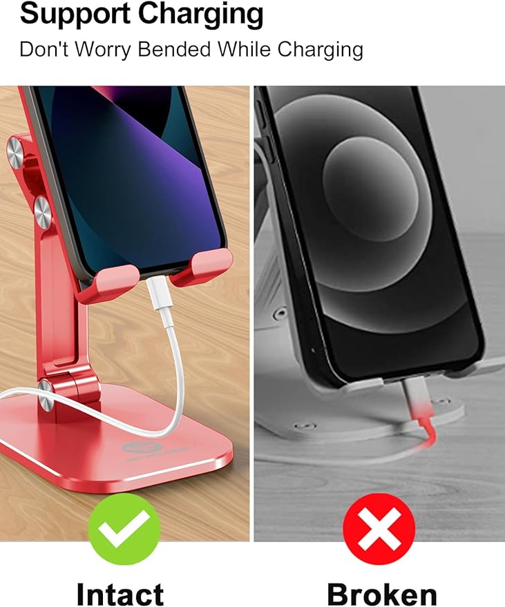 OCYCLONE Phone Stand, Adjustable Height and Angle Foldable Cell Phone Stand Holder for Desk, Taller iPhone Stand Compatible with 4.7"-13" Smartphones iPad Tablet, Red
