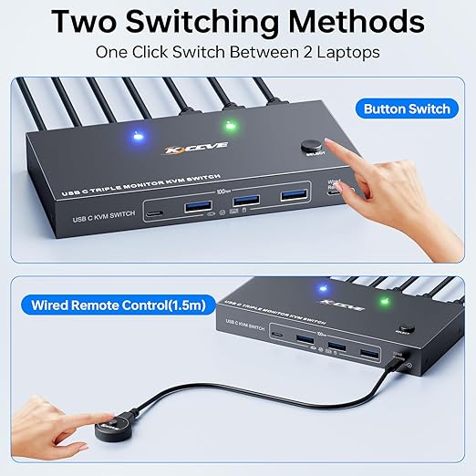 USB C KVM Switch 3 Monitors 2 Laptops 4K 1080P@60Hz,USB-C Docking Station Triple Monitor KVM Switches with 4 USB 3.2 Ports,10Gbps 80W PD Charging,For Windows and Mac OS,Driver Installation is Required