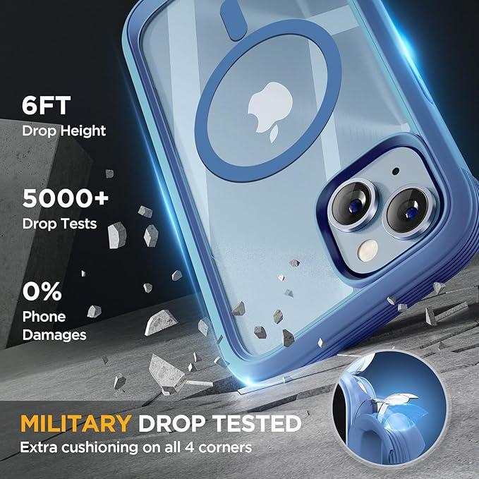 Miracase Magnetic for iPhone 14 Case 6.1", [Built-in Tempered Glass Screen Protector + Lens Protector] [Compatible with MagSafe] Full-Body Protective Bumper 14 Phone Cover, Blue