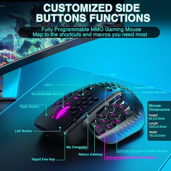 SM809 Pro Wireless MMO Gaming Mouse with 9 Side Buttons,24000 DPI,Triple Connectivity (2.4G/BT5.0/Wired) RGB MMO Mouse for Gamer,16 Programmable Macros,Up to 350H Battery Life,Black