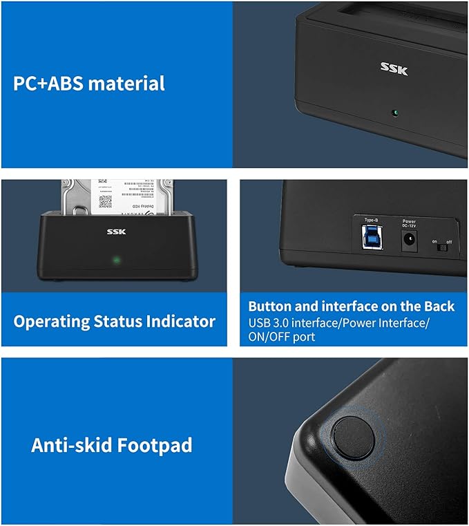 SSK USB 3.0 to SATA External Hard Drive Docking Station Enclosure Adapter for 2.5 & 3.5 Inch HDD SSD SATA, Super Speed up to 5Gbps, Support UASP no Drivers Needed(20TB Supports)