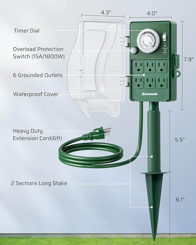 DEWENWILS Heavy Duty Outdoor Power Stake Timer, 24-Hour Mechanical Timer with 6FT Cord, 1800W/15A, Waterproof for Patio Lights, Halloween/Christmas Decorations, ETL Listed