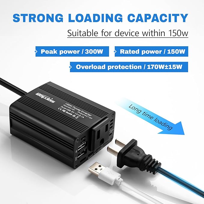 150W Car Power Inverter DC 12V to 110V AC Car Adapter for Plug Outlet with 3.1A Dual USB Car Charger for Laptop Computer-Black