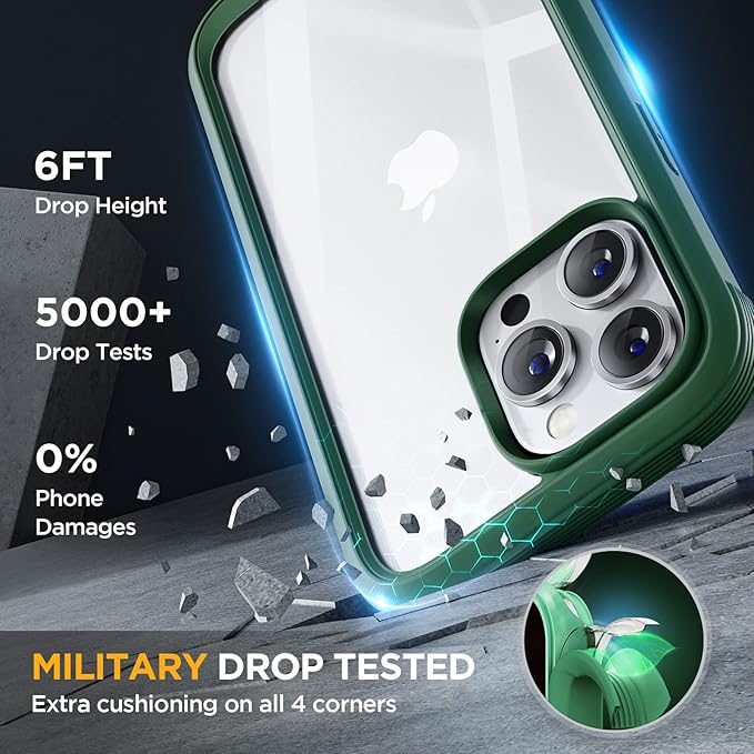 Miracase Glass Series for iPhone 14 Pro Case 6.1 Inch, Full-Body Clear Bumper Case with Built-in 9H Tempered Glass Screen Protector, with Camera Lens Protector, Acacia Green
