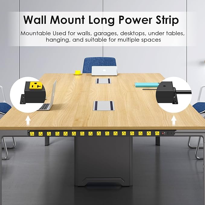 JUNNUJ Long Metal 16 Outlet Power Strip,Wide Spaced Garage Industrial Heavy Duty Power Strip,Surge Protection 4800J,Wall Mount Screws Outlet with Switch 5-15P High Amp 6-20R T-Slot (Yellow, 6FT)