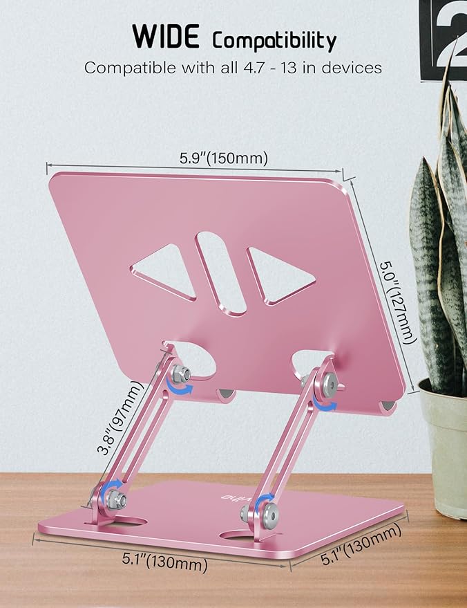 Tablet Stand Holder for Desk, Adjustable Desktop Tablet Holder, Foldable Aluminum Tablet Mount for iPad pro 12.9, iPad Air Mini, Samsung Galaxy Tabs Z Fold Kindle Fire,4-12 inch, Rose Gold