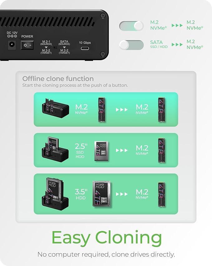 M.2 NVMe & SATA SSD/HDD Hard Drive Docking Station, ICY BOX USB-C 10Gbps NVMe Cloner&Reader, TripleBay Hard Drive cloner for 2.5"/3.5" SSD&HDD Hard Drives, Offline Cloning, Tool-Free (3 Bay)