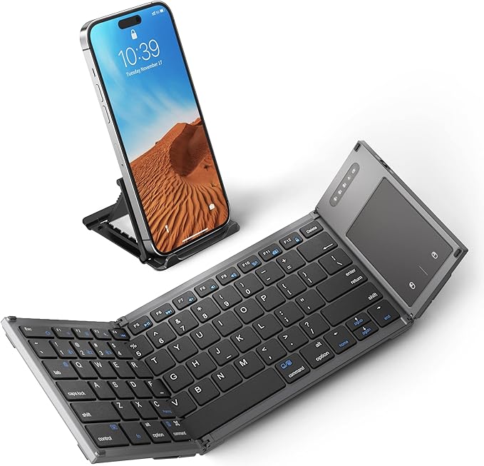 Samsers Foldable Bluetooth Keyboard with Touchpad, Full-Size Wireless Folding Holder, Rechargeable Portable Travel for iOS Android Windows Mac OS, Support 3 Devices (BT5.1 x 3)