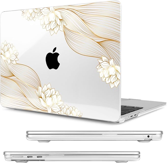 Compatible with MacBook Air 13.6 inch Case, M4 A3240/M3 A3113/M2 A2681 (Released 2025 to 2022), Hard Shell, Keyboard Cover, Screen Protector, Webcam Cover & Type-C Adapter, Gold Lace Flower
