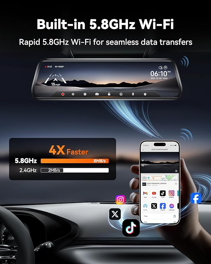 WOLFBOX G930 10'' Rear View Mirror Camera with 5.8GHz WiFi, 4K Dash Cam Front and Rear with WDR, Touch Screen Rearview Mirror Backup Camera, Parking Monitor, Reverse Assist, Includes 64GB Card & GPS
