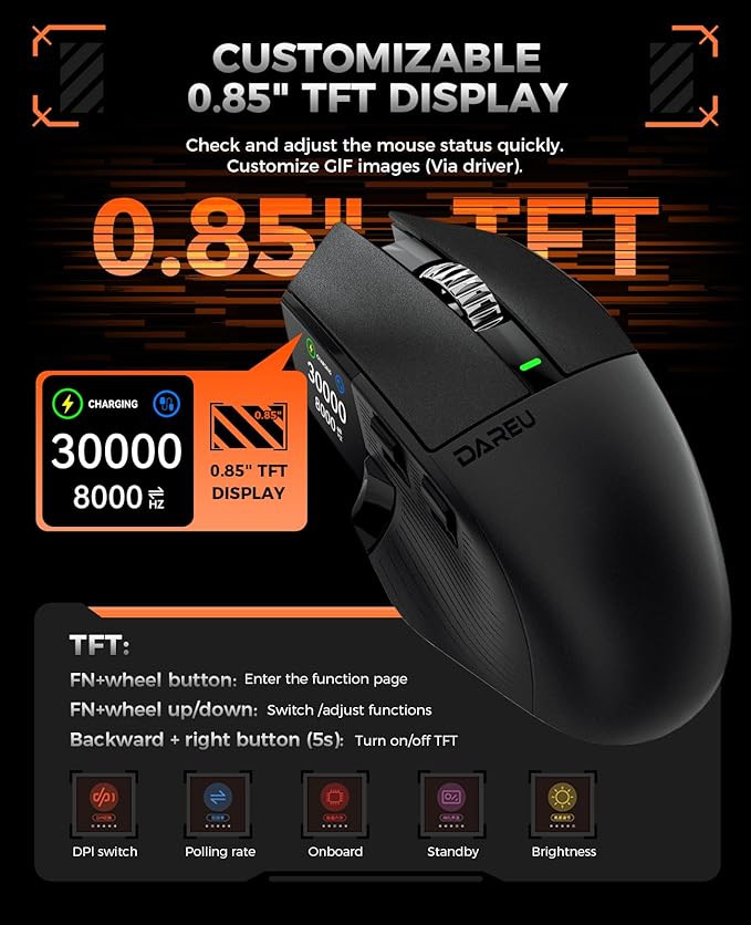 DAREU A980PROMAX Wireless Gaming Mouse-4K/8K Polling-30K DPI Optical Sensor-0.85' TFT Color Display-Magnesium Alloy Buttons-2.4G Wireless/BT/USB Connectivity-Nano Receiver Included