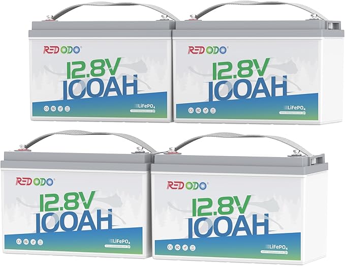 Redodo 4 Pack 12V 100Ah Lithium LiFePO4 Battery, Group 31 Battery Built in 100A BMS, Up to 15000 Cycles, 10 Years Lifetime, Perfect for RV, Off Grid, Solar, Marine, Trolling Motor