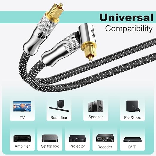 EMK Premium 24K Gold-Plated Right Angle Optical Cable – 90° Toslink to Toslink (6M/20Ft), 360° Rotatable for Soundbars, TVs & Home Theater