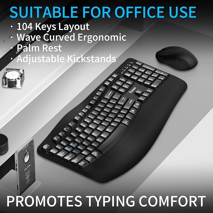 Wireless Keyboard and Mouse Combo, Full Size Wave Keys Ergonomic 2.4G Keyboard with Wrist Rest for Natural Typing, 3 DPI Adjustable Ergonomic Silent Mouse for Computer/Laptop/Windows/Mac (Black)