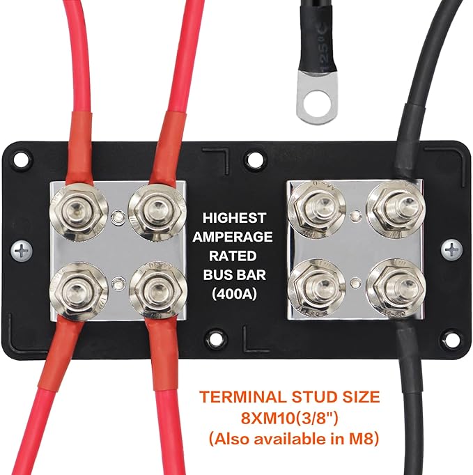Heavy Duty 400A 12-48V Tin-Plated Copper Block Bus Bar 8xM10(3/8") Studs Independent Modular Positive Negative Ground Battery Junction Block Buss Bar for Solar System Marine Truck Boat