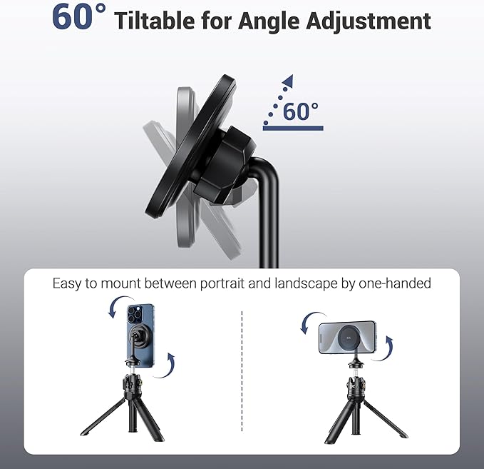 Magnetic Phone Tripod Mount Adapter with Arca Base&1/4" Screw Hole Compatible with MagSafe, 60° Tilt iPhone Tripod Holder for iPhone 17 16 15 14 13 12 Pro Max Plus, Selfie Stick Tripod Arca Ball Head