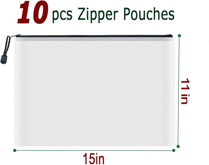 AUSTARK 10 Pcs Zipper File Bags, Waterproof Plastic Mesh Pouch for Office School, Board Game Storage Bags (B4 Size 15''x11'', White and Black)