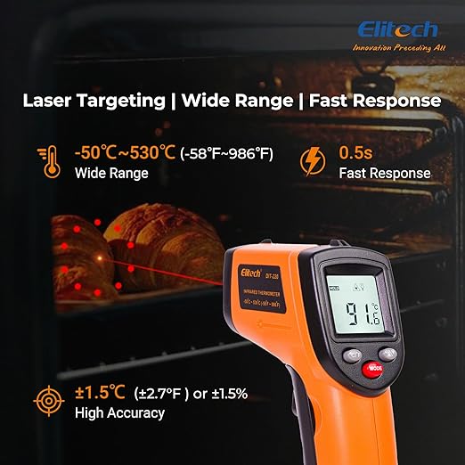 Elitech Laser Temperature Gun, Non-Contact Digital Infrared Thermometer, Adjustable Emissivity, Backlight, Handheld for Grill, Meat, Food, Candy, Automotive, HVAC Tools, -50~530°C(-58~986°F), DIT-220
