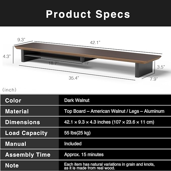 Walnut Dual‑Tier Monitor Stand for Modern Desk Setup – Minimalist Wooden Riser Shelf for Dual Monitors, Laptops, Home Office Aesthetic (Dark Walnut, Large)