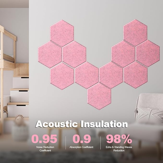 Mollywell Hexagon Acoustic Panels, High Density, Soundproofing, Decorative Noise Reduction Felt Wall Tiles for Ceilings, Home Office & Gaming Room (Smoky Pink), 14x12x0.4 Inch