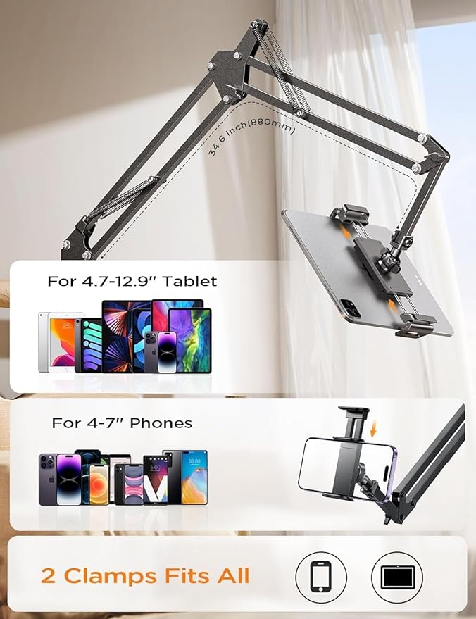LISEN Tablet Stand Phone Holder iPad Holder for Desk Mount[Ultra Sturdy] 2 Clamps Kindle Holder for Bed Gooseneck Phone Tablet Holder Mount Phone Stand fits iPhone iPad Mini 7 Kindle 4-13" Device