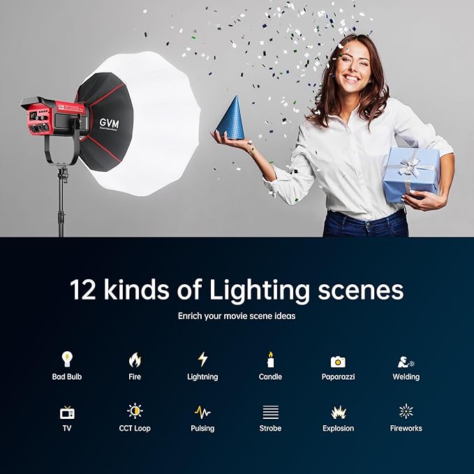 GVM LED Video Light Studio with Softbox, 200w Photography Lighting Kit with Bluetooth Mesh Network/DMX Control,45400lux/1m Continuous Lighting Kit for Film Recording,12 Lighting Effects