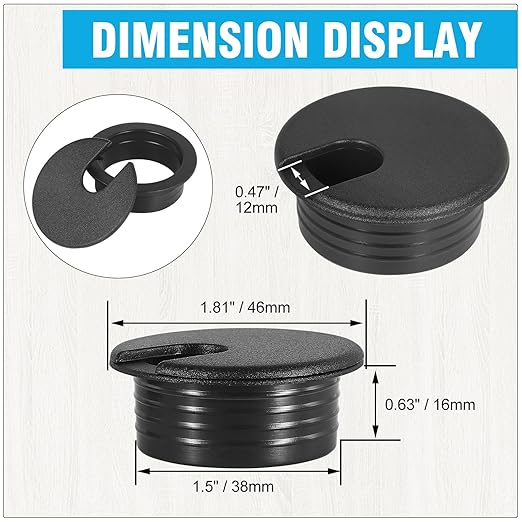 1-1/2" Black Desk Grommet, JTemgle Plastic Cable Hole Cover Computer Table Cord Wire Organizer Caps Desktop Cord Management for Home Office TV Stands Tabletops, 5 Pieces