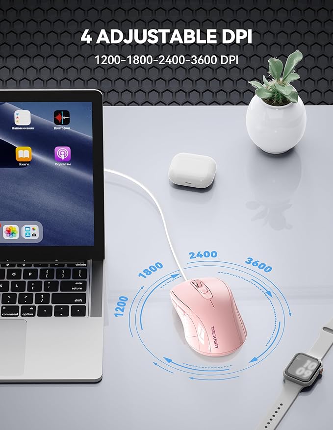 TECKNET USB Wired Mouse, 3600DPI Corded Computer Mouse with 4 Adjustable Levels, 6-Button 5FT Cord Ergonomic Mice, Home and Office Mouse for Laptop PC Desktop Notebook - Pink