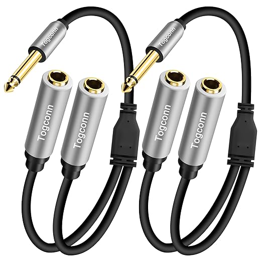 2-Pack 1/4 inch TS Mono Splitter Y Adapter, 6.35mm Mono Male to Dual 6.35 mm TS Mono Female Jack, Quarter inch Audio Speaker Splitter Converter Cable 1 Feet, Gold Plated Connectors