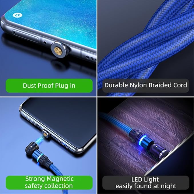 Magnetic Charging Cable (6-Pack,1.6+3.3+3.3+6.6+6.6+10ft) 540° Rotation 3A Fast Charging Data Sync 3 in 1 Magnetic Phone Charger Cable with LED Light Compatible with Micro USB Type C Phone Device